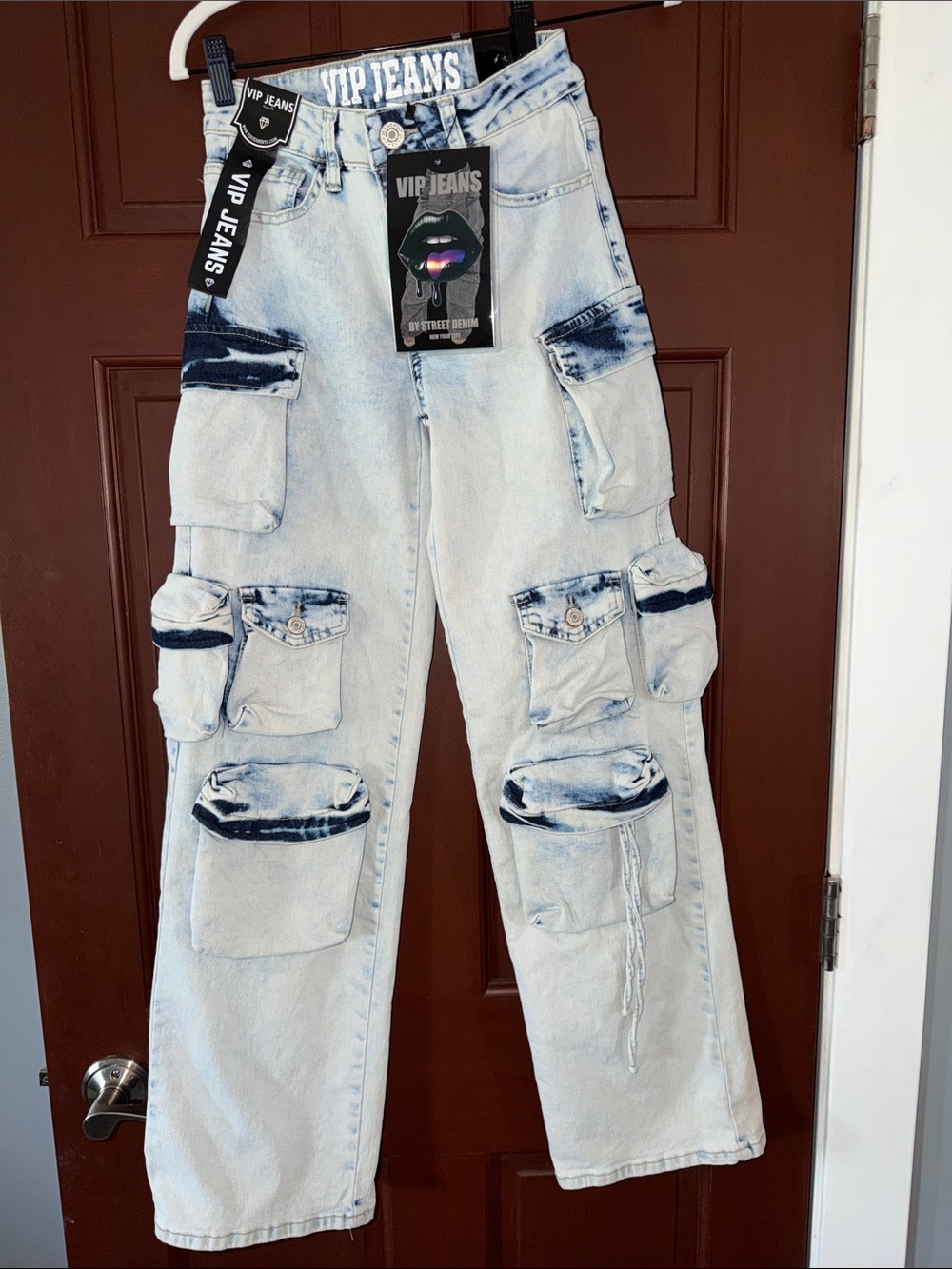 VIP Jeans Light Wash Cargo Denim Pants with Dark Accent Pockets